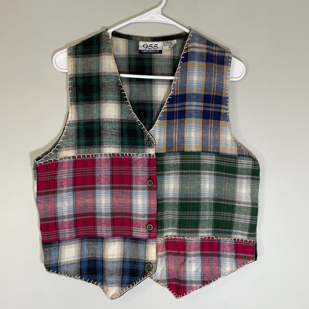 VTG 955 Originals Vintage Patchwork Plaid Vest Blanket Stitch M Academia Womens